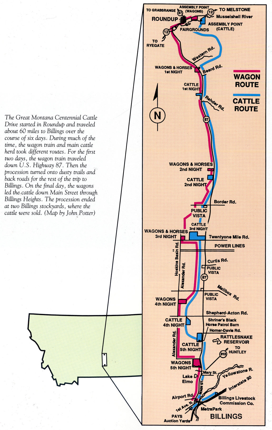 Map of Great Montana Centennial Cattle Drive route